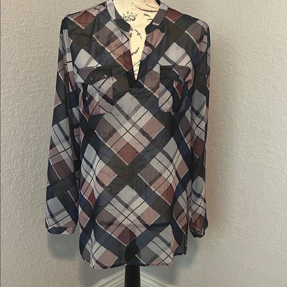 Vince Camuto Plaid V-Neck Tunic in Brown, Gray, and Navy